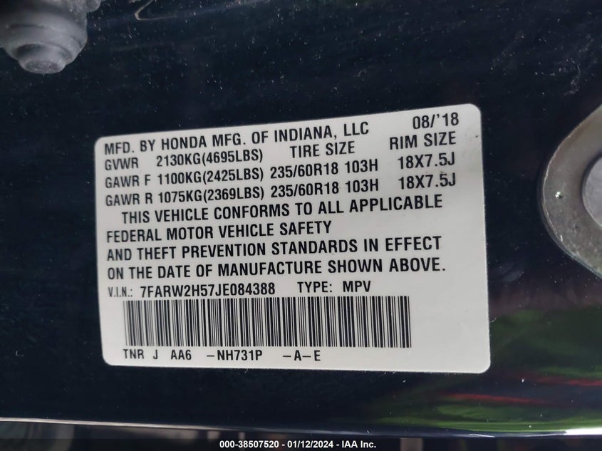 VIN 7FARW2H57JE084388 2018 HONDA CR-V EX