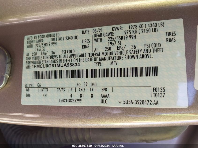 2021 FORD ESCAPE SE - 1FMCU0G61MUA98834