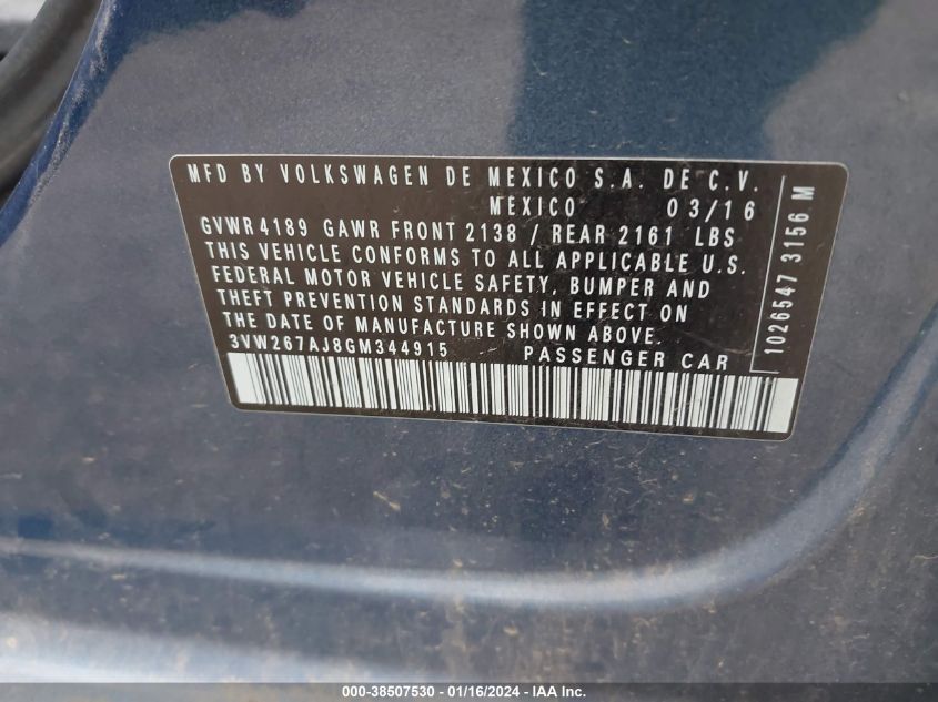 2016 VOLKSWAGEN JETTA 1.4T S - 3VW267AJ8GM344915