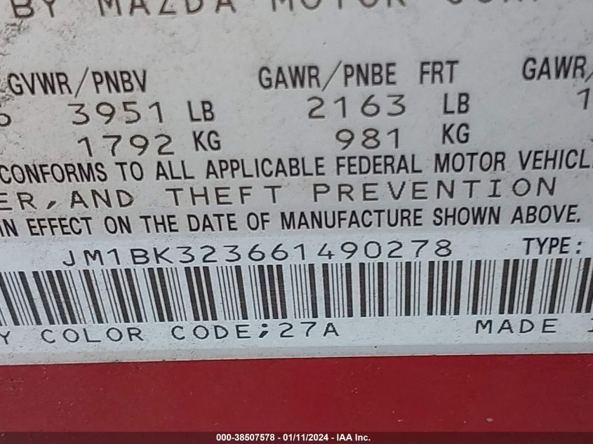 JM1BK323661490278 | 2006 MAZDA MAZDA3