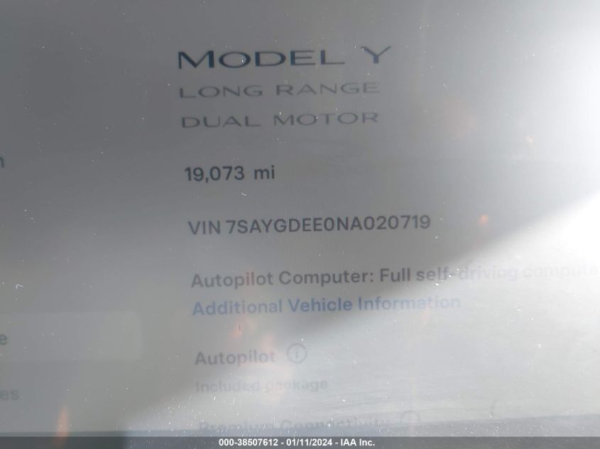 2022 TESLA MODEL Y LONG RANGE DUAL MOTOR ALL-WHEEL DRIVE - 7SAYGDEE0NA020719