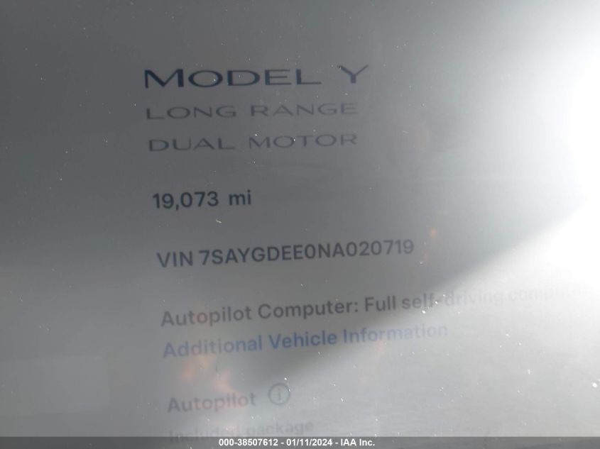2022 TESLA MODEL Y LONG RANGE DUAL MOTOR ALL-WHEEL DRIVE - 7SAYGDEE0NA020719
