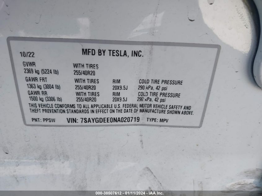 2022 TESLA MODEL Y LONG RANGE DUAL MOTOR ALL-WHEEL DRIVE - 7SAYGDEE0NA020719
