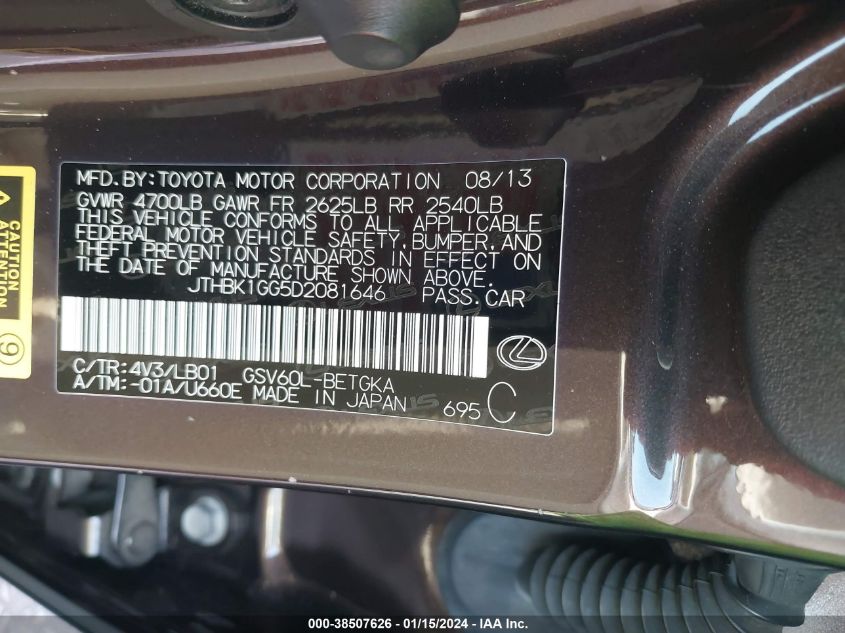 2013 LEXUS ES 350 - JTHBK1GG5D2081646