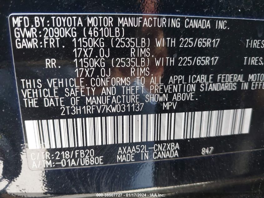 2019 TOYOTA RAV4 LE - 2T3H1RFV7KW031137