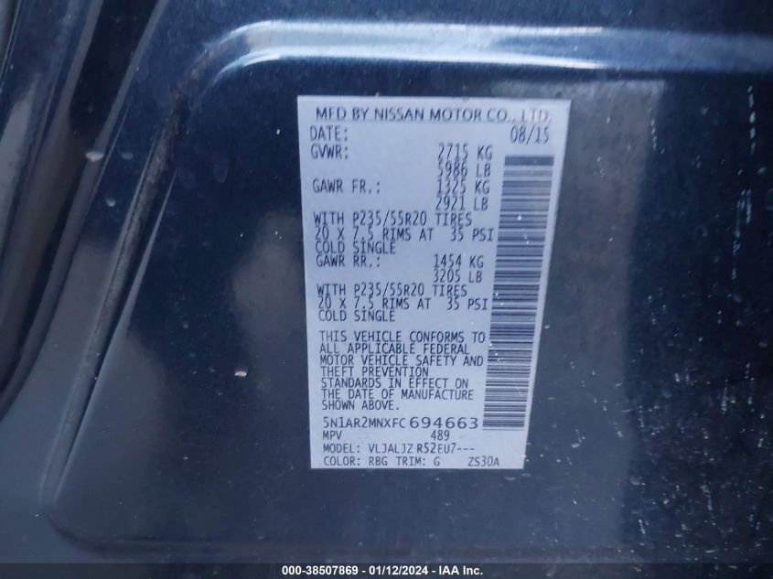 2015 NISSAN PATHFINDER S/SV/SL/PLATINUM - 5N1AR2MNXFC694663