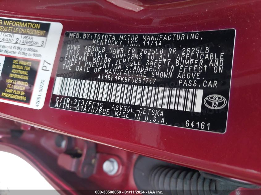2015 TOYOTA CAMRY LE/XLE/SE/XSE - 4T1BF1FK9FU891747