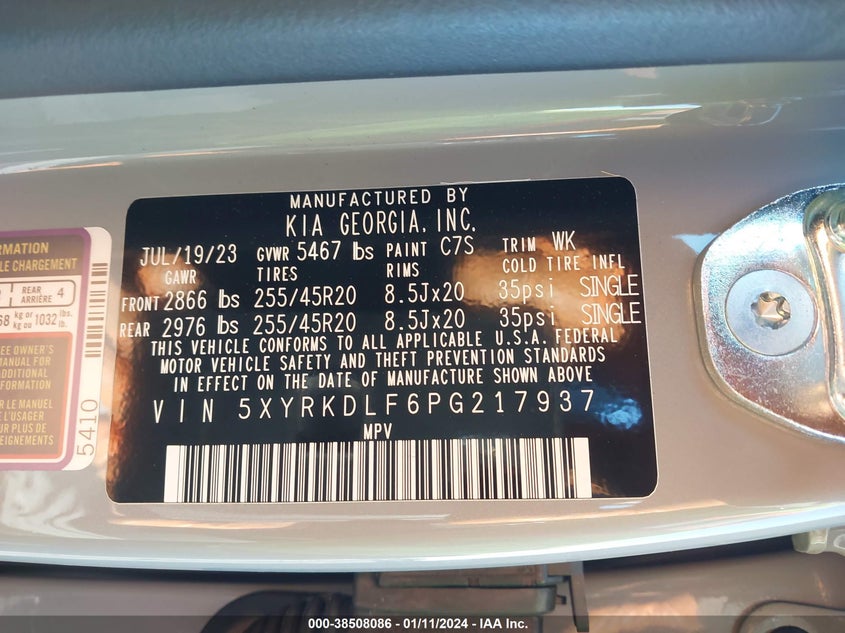 2023 KIA SORENTO 2.5L I-4 DI, DOHC, V(VIN: 5XYRKDLF6PG217937