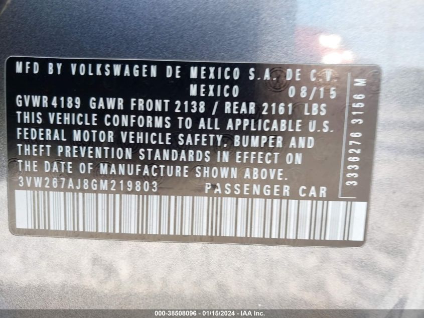 2016 VOLKSWAGEN JETTA S - 3VW267AJ8GM219803