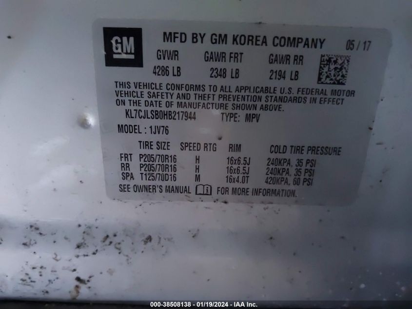 2017 CHEVROLET TRAX 1LT - KL7CJLSB0HB217944