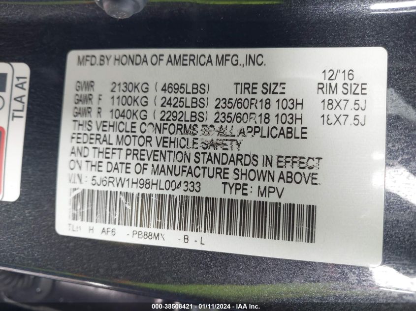 2017 HONDA CR-V TOURING - 5J6RW1H98HL004333