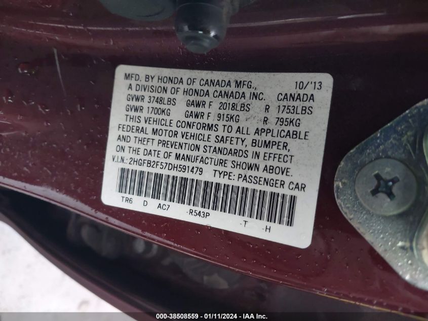 2013 HONDA CIVIC LX - 2HGFB2F57DH591479