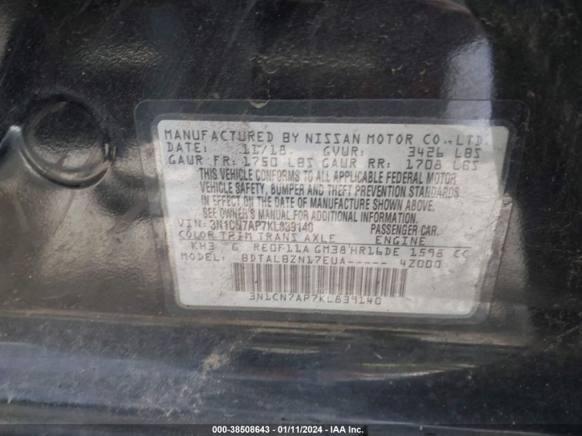 2019 NISSAN VERSA S/S PLUS/SV - 3N1CN7AP7KL839140