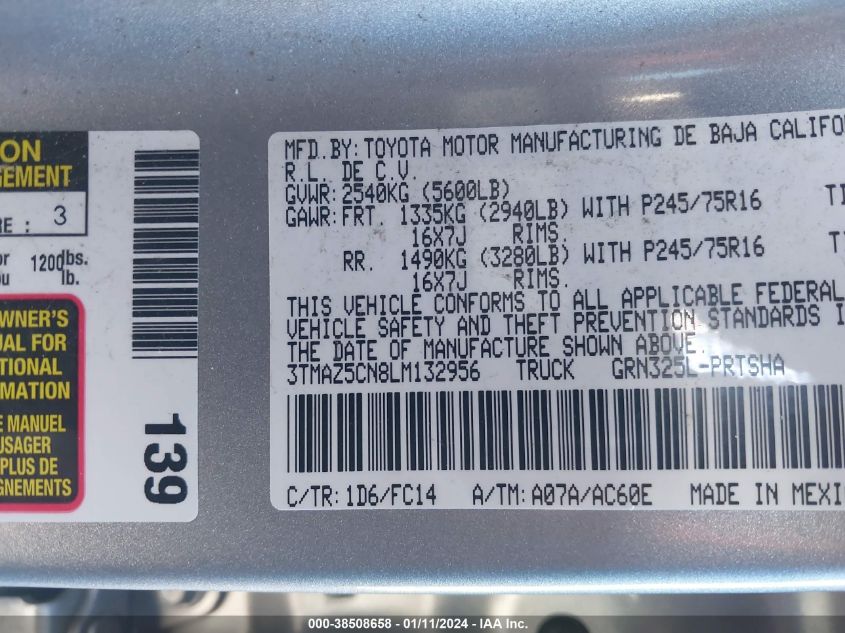 2020 TOYOTA TACOMA SR5 V6 - 3TMAZ5CN8LM132956