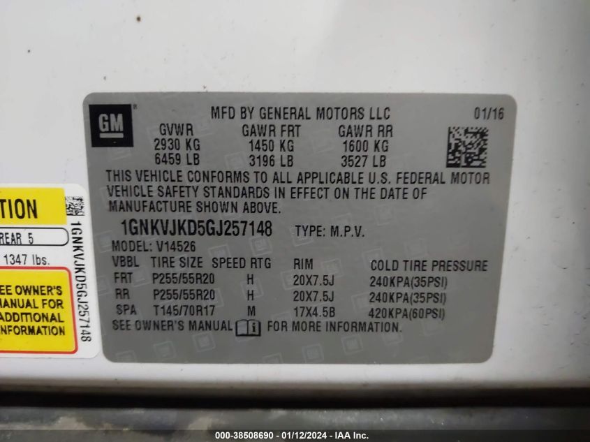 2016 CHEVROLET TRAVERSE LTZ - 1GNKVJKD5GJ257148