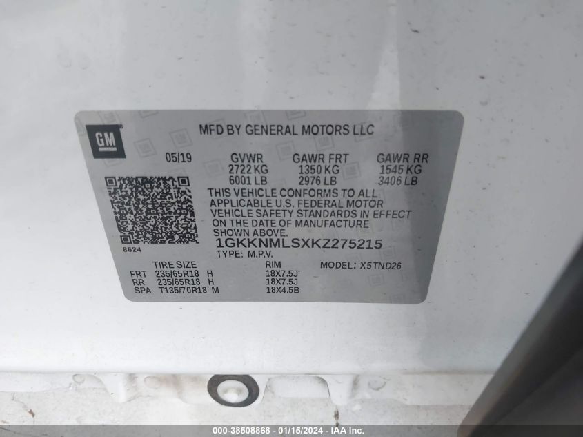 2019 GMC ACADIA SLT-1 - 1GKKNMLSXKZ275215