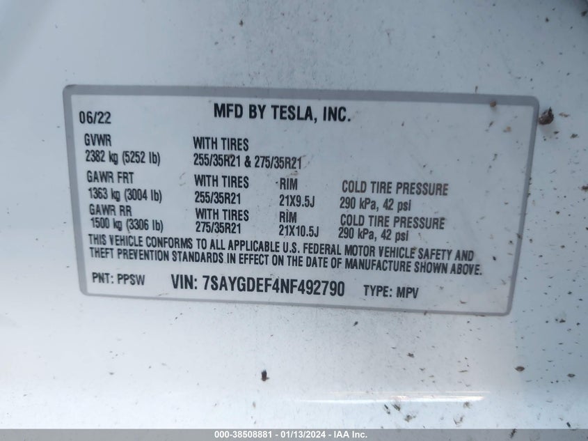 VIN 7SAYGDEF4NF492790 2022 TESLA MODEL Y PERFORMANCE DUAL MOTOR ALL-WHEEL DRIVE