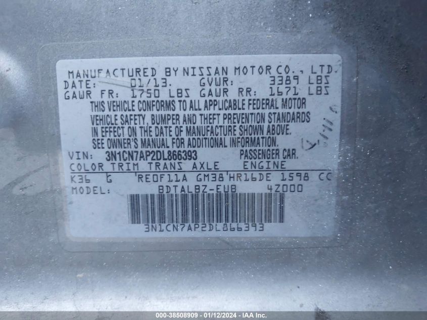 2013 NISSAN VERSA S/S PLUS/SV/SL - 3N1CN7AP2DL866393