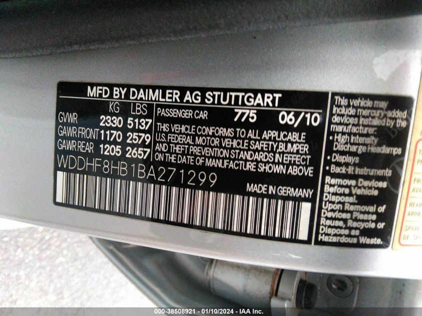 WDDHF8HB1BA271299 | 2011 MERCEDES-BENZ E