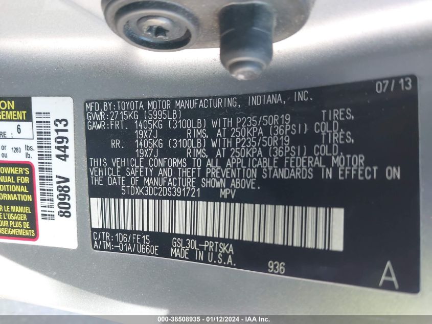 2013 TOYOTA SIENNA SE 8 PASSENGER - 5TDXK3DC2DS391721