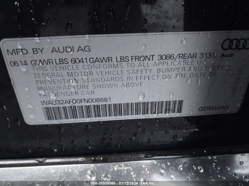2015 AUDI A8 L 4.0T WAU32AFD0FN008681