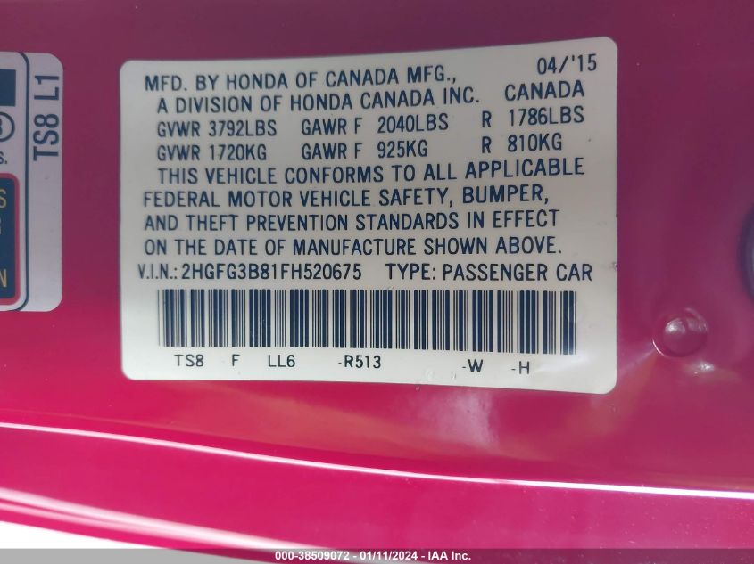 2015 HONDA CIVIC EX - 2HGFG3B81FH520675