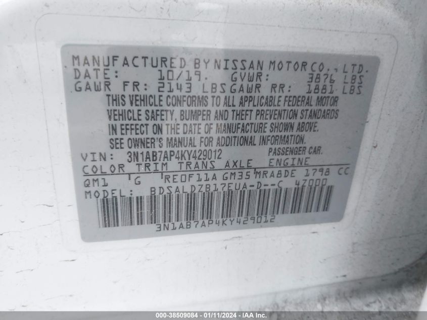 2019 NISSAN SENTRA S/SV/SR/SL - 3N1AB7AP4KY429012