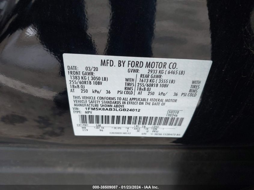 2020 FORD POLICE INTERCEPTOR UTILITY POLICE INTERCEPTOR - 1FM5K8AB3LGB24012