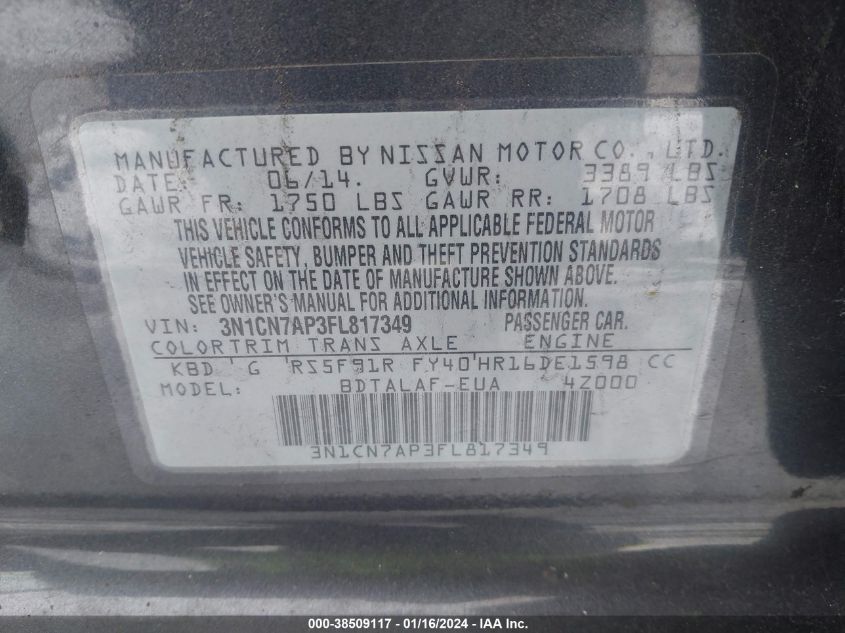 2015 NISSAN VERSA S/S PLUS/SV/SL - 3N1CN7AP3FL817349