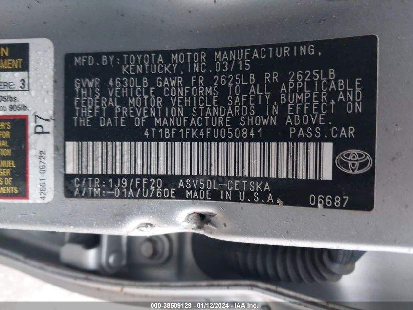 2015 TOYOTA CAMRY LE/XLE/SE/XSE - 4T1BF1FK4FU050841