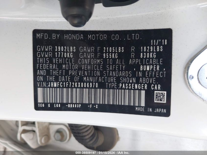 2019 HONDA CIVIC EXL - JHMFC1F72KX006970