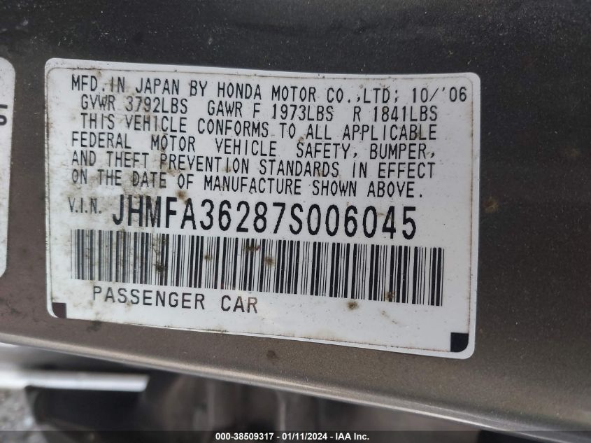 JHMFA36287S006045 | 2007 HONDA CIVIC HYBRID