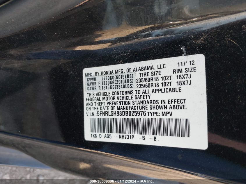 2013 HONDA ODYSSEY TOURING/TOURING ELITE - 005FNRL5H98DB0259