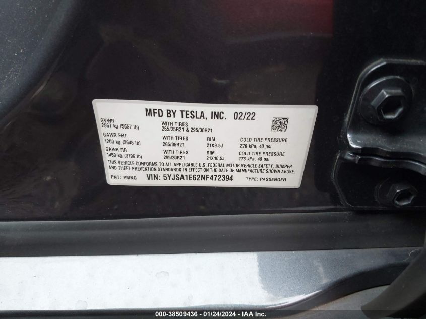 2022 TESLA MODEL S PLAID TRI MOTOR ALL-WHEEL DRIVE - 5YJSA1E62NF472394