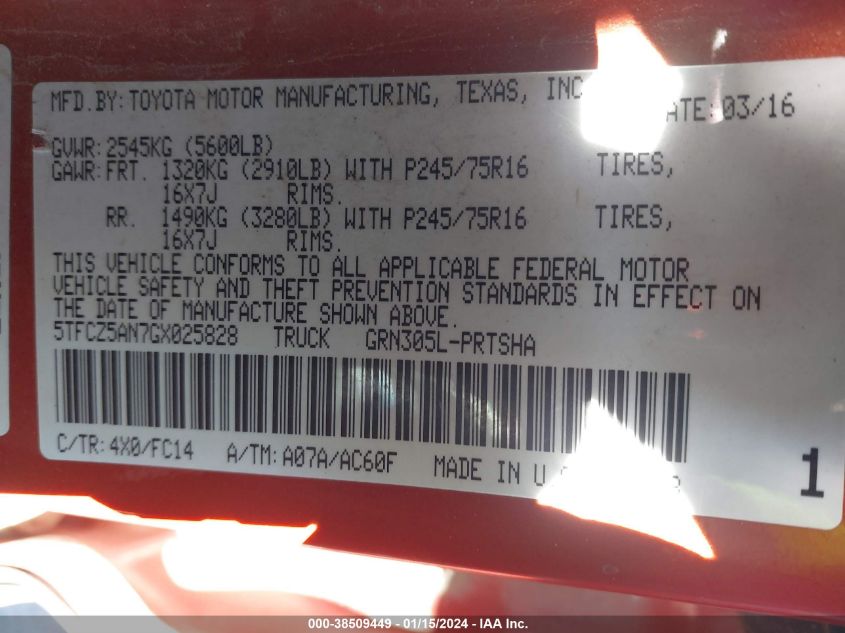 2016 TOYOTA TACOMA DBL CAB/SR/SR5/TRD SPT/OR - 5TFCZ5AN7GX025828