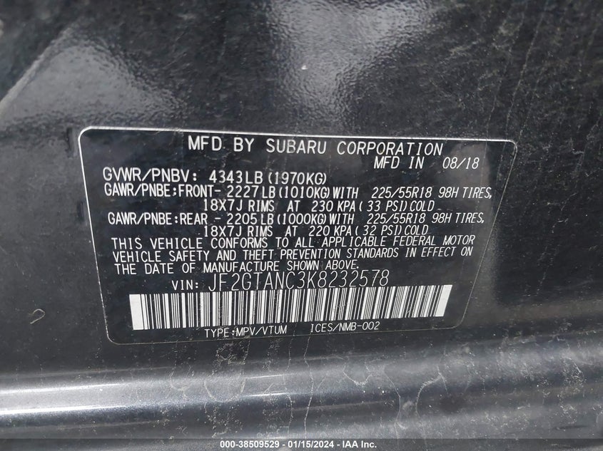 VIN JF2GTANC3K8232578 2019 SUBARU CROSSTREK LIMITED