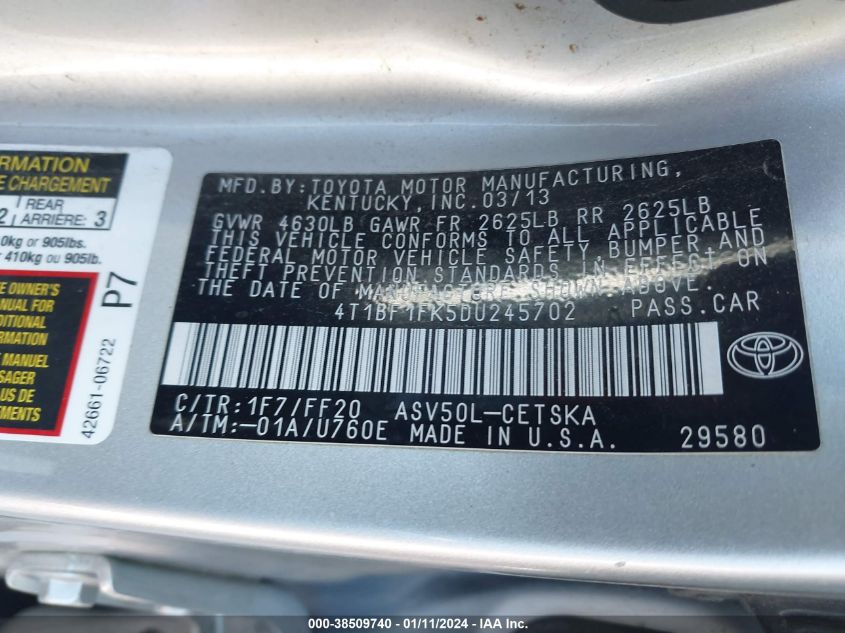 2013 TOYOTA CAMRY L/SE/LE/XLE - 4T1BF1FK5DU245702