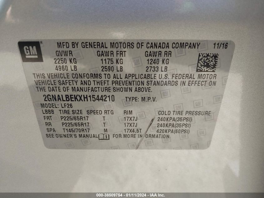 VIN 2GNALBEKXH1544210 2017 CHEVROLET EQUINOX LS