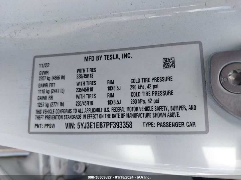 2023 TESLA MODEL 3 - 5YJ3E1EB7PF393358