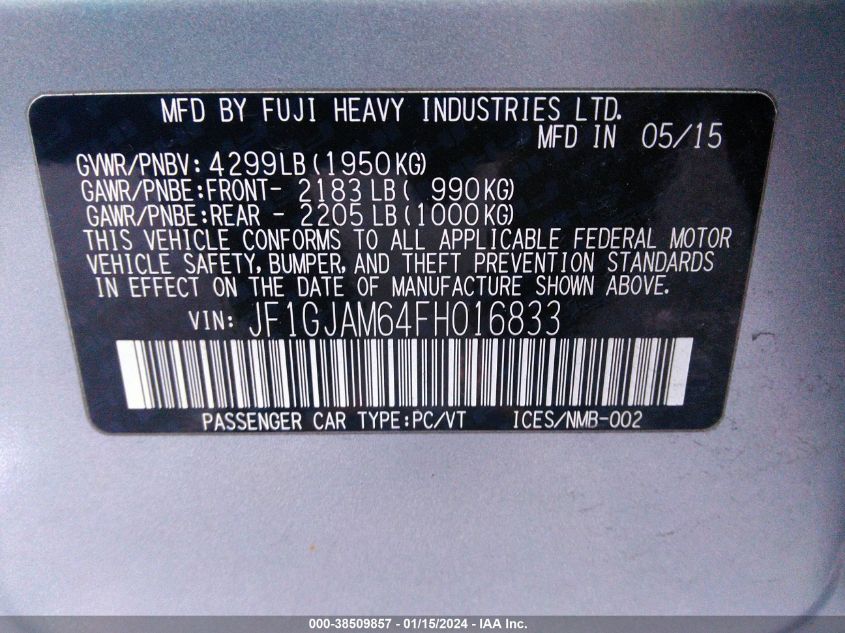 2015 SUBARU IMPREZA LIMITED - JF1GJAM64FH016833