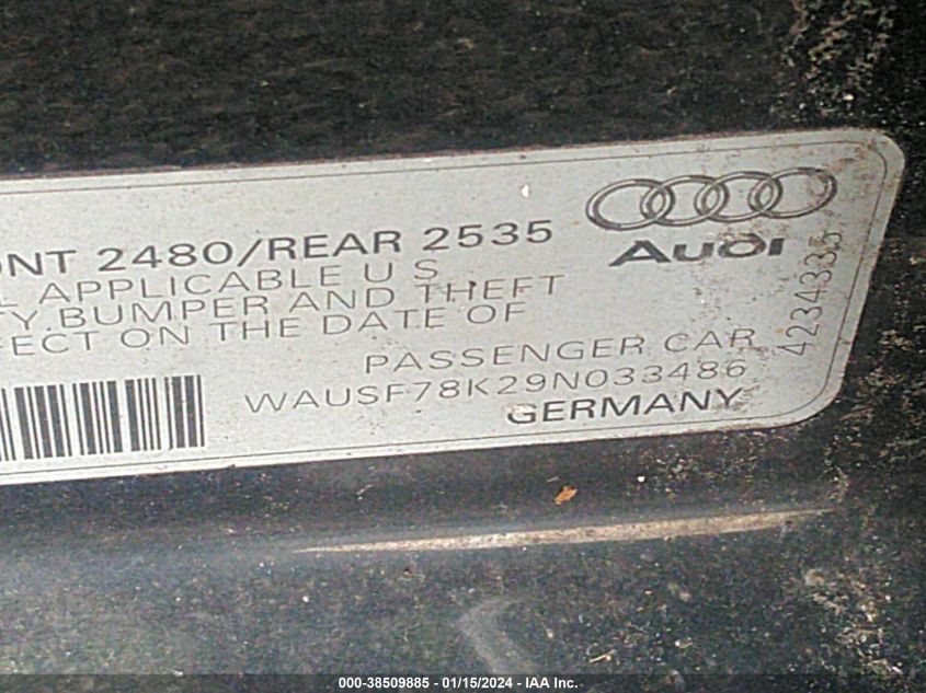 WAUSF78K29N033486 | 2009 AUDI A4