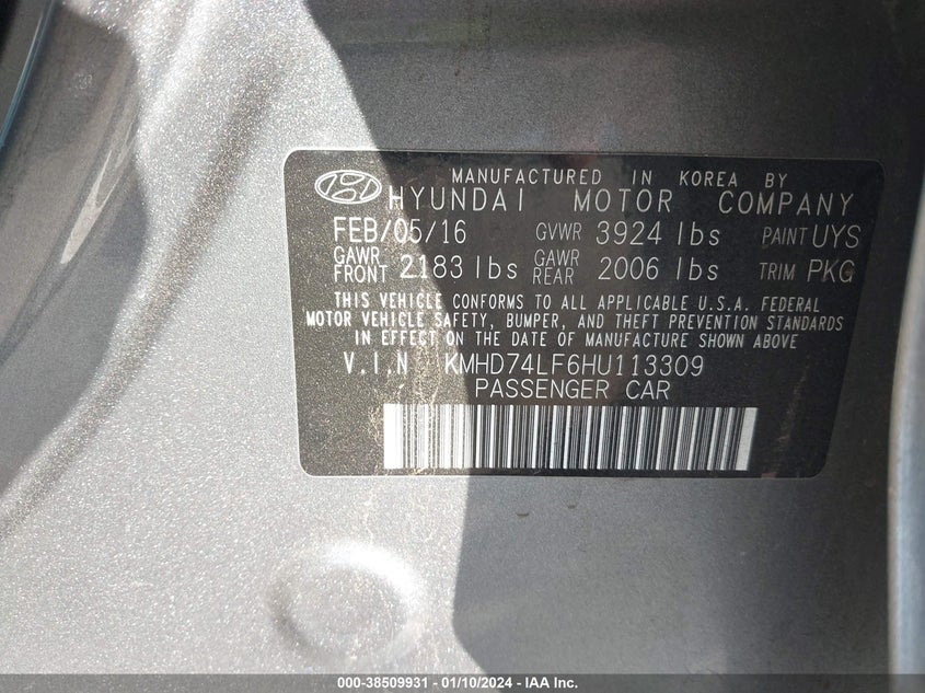 VIN KMHD74LF6HU113309 2017 HYUNDAI ELANTRA SE