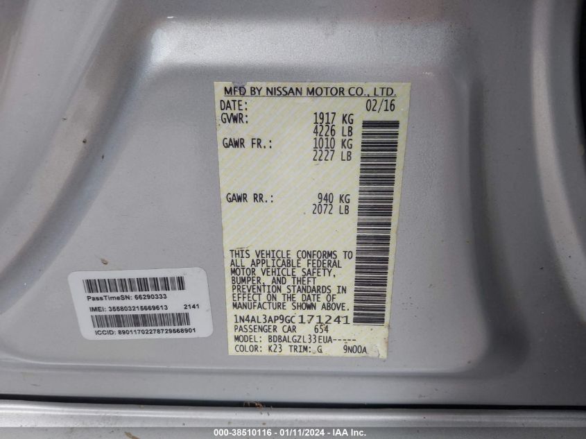 2016 NISSAN ALTIMA 2.5/S/SV/SL/SR - 1N4AL3AP9GC171241