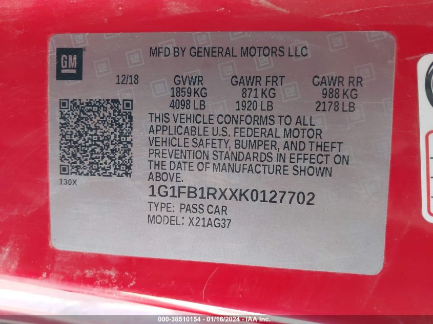 2019 CHEVROLET CAMARO LS/LT - 1G1FB1RXXK0127702