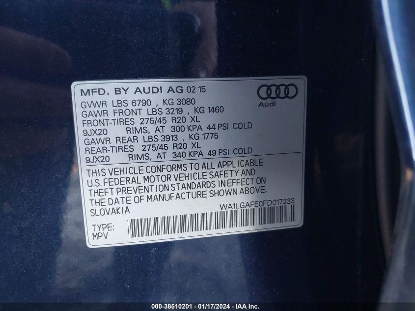 2015 AUDI Q7 3.0T PREMIUM - WA1LGAFE0FD017233