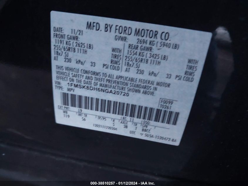 2022 FORD EXPLORER XLT - 1FMSK8DH6NGA20720