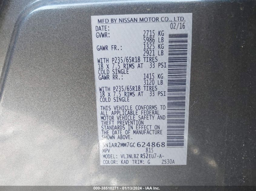 2016 NISSAN PATHFINDER S - 5N1AR2MM7GC624868