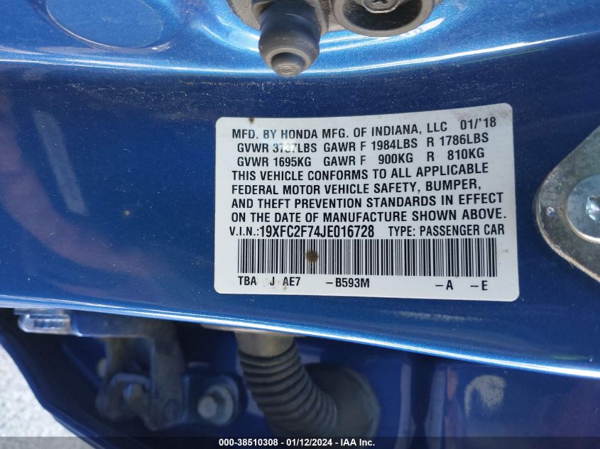 2018 HONDA CIVIC EX - 19XFC2F74JE016728