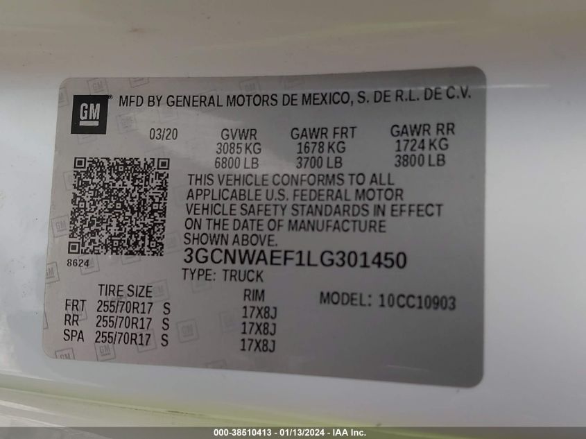 2020 CHEVROLET SILVERADO 1500 2WD REGULAR CAB LONG BED WT - 3GCNWAEF1LG301450