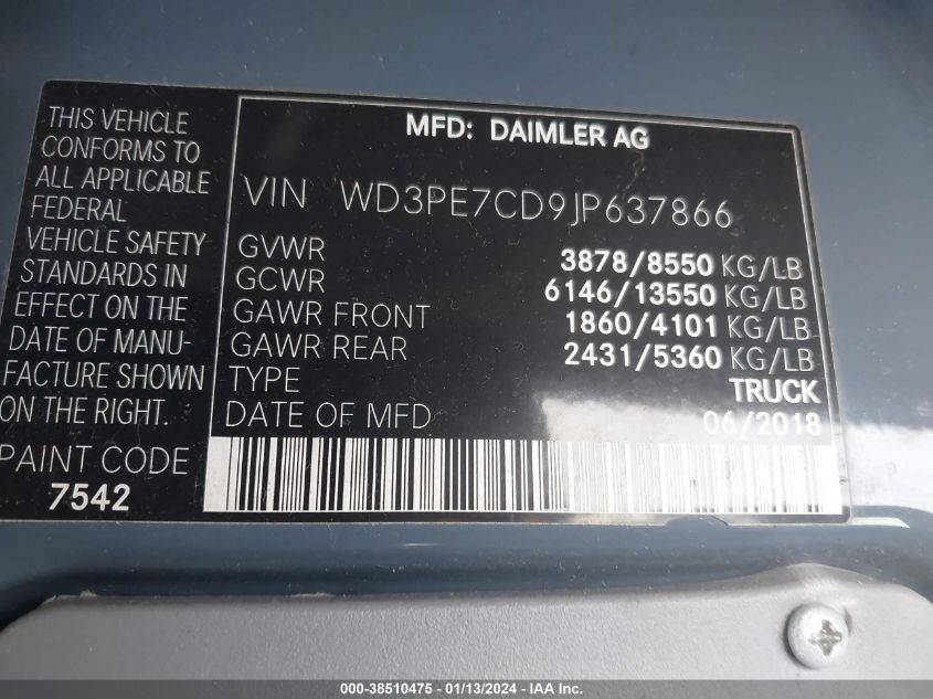 2018 MERCEDES-BENZ SPRINTER 2500 STANDARD ROOF V6 - WD3PE7CD9JP637866